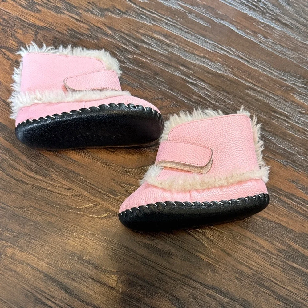 pediped Pink Faux-Fur Walker Booties with Black Soles